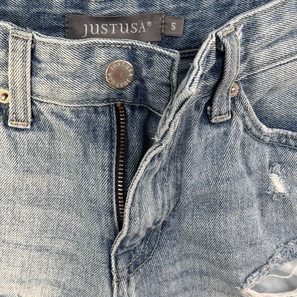 Just USA Small Jean Shorts Mid-Rise Zip-Fly Distressed Rips Frayed Hems Blue - Picture 5 of 7